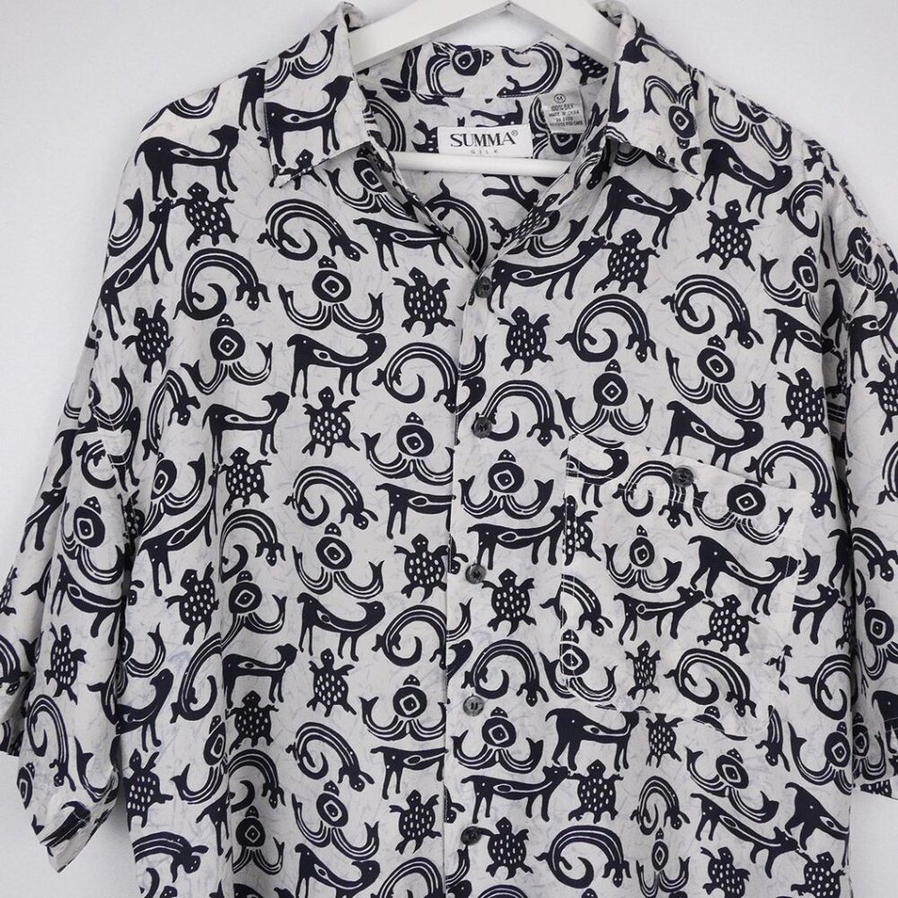 Summa Silk Shirt Mens Medium White Short Sleeve Egyptian Print Front Pocket